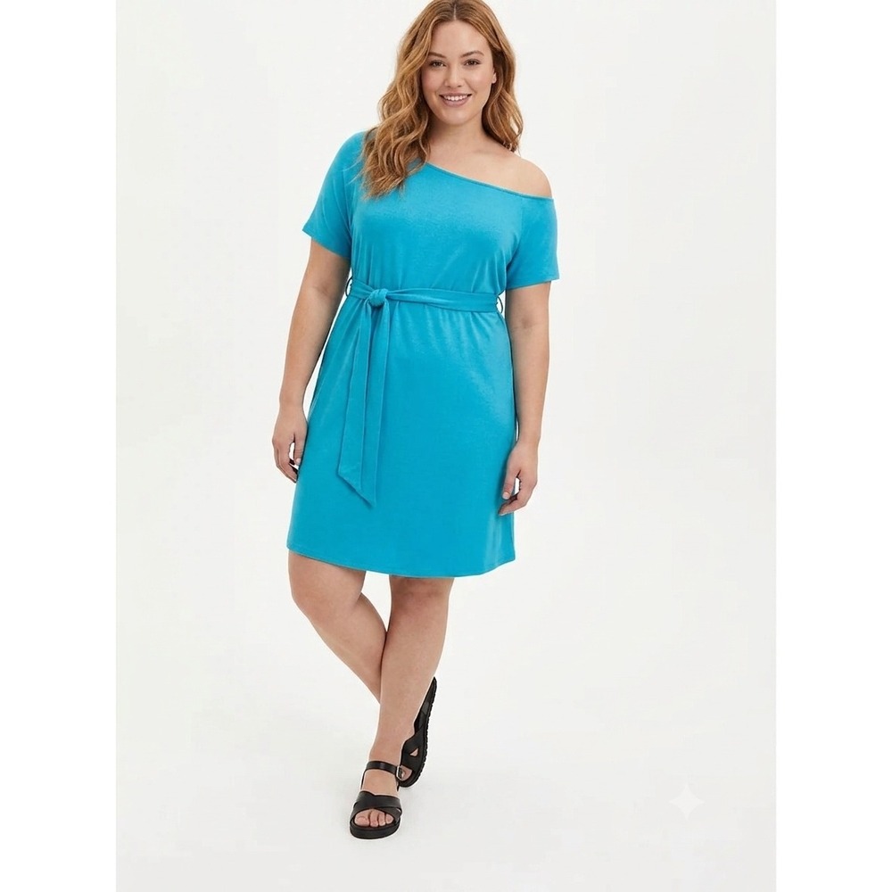 Torrid Blue Off Shoulder Tie Waist Mini Dress French Terry Sz 1 Resort Vacation